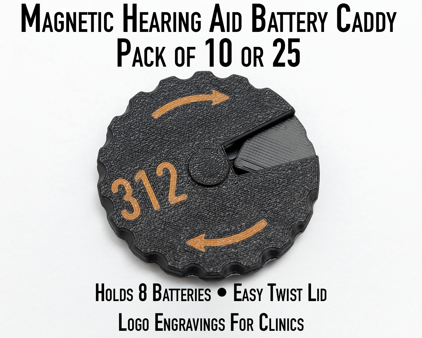 Magnetic Hearing Aid Battery Caddy –Size 312 - Bulk Packs (10 or 25 Units) with Optional Custom Logo
